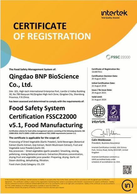 Κίνα Qingdao BNP BioScience Co., Ltd. Πιστοποιήσεις